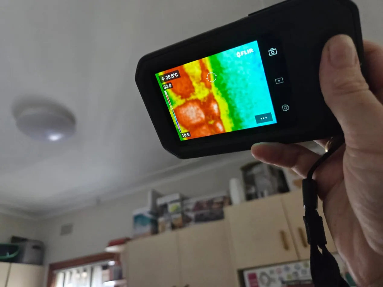 FLIR thermal camera revealing moisture pattern in ceiling